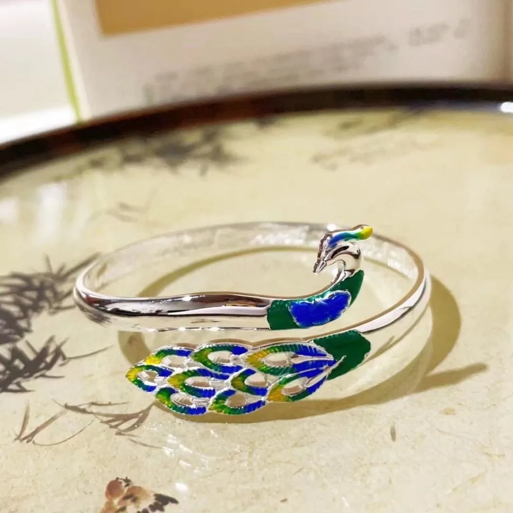 Peacock Bracelet | Colorful Enamel Peacock Bangle | Adjustable Statement Cuff Jewelry Gift