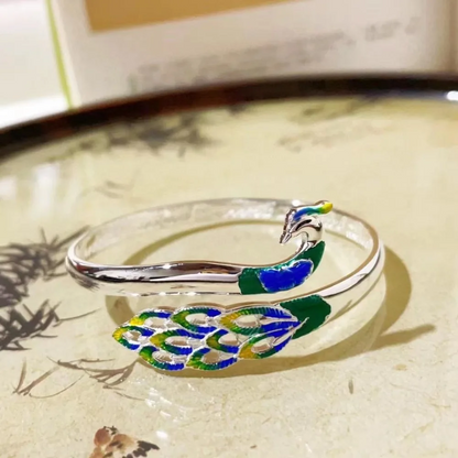 Peacock Bracelet | Colorful Enamel Peacock Bangle | Adjustable Statement Cuff Jewelry Gift