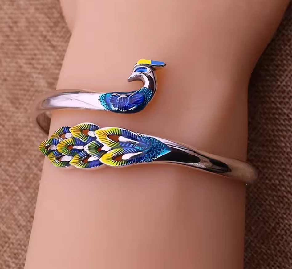 Peacock Bracelet | Colorful Enamel Peacock Bangle | Adjustable Statement Cuff Jewelry Gift