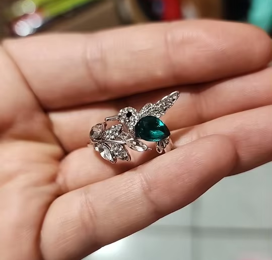 Hummingbird Ring | Silver Adjustable Bird Ring with Green Crystal | Nature Inspired Statement Jewelry for Women