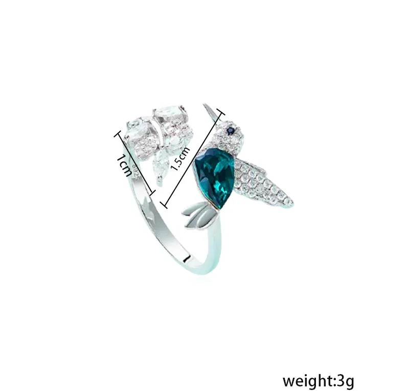 Hummingbird Ring | Silver Adjustable Bird Ring with Green Crystal | Nature Inspired Statement Jewelry for Women