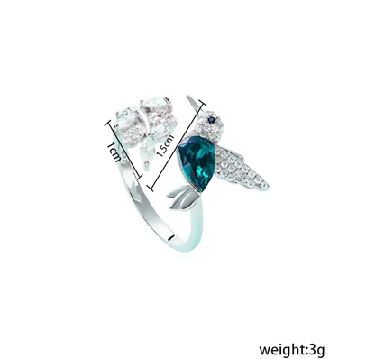 Hummingbird Ring | Silver Adjustable Bird Ring with Green Crystal | Nature Inspired Statement Jewelry for Women