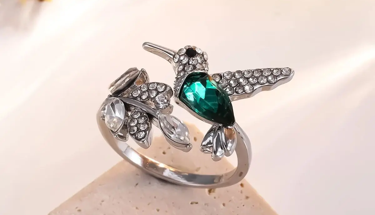 Hummingbird Ring | Silver Adjustable Bird Ring with Green Crystal | Nature Inspired Statement Jewelry for Women