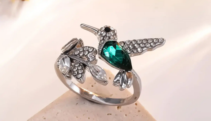 Hummingbird Ring | Silver Adjustable Bird Ring with Green Crystal | Nature Inspired Statement Jewelry for Women