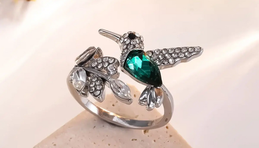 Hummingbird Ring | Silver Adjustable Bird Ring with Green Crystal | Nature Inspired Statement Jewelry for Women