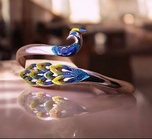 Peacock Bracelet | Colorful Enamel Peacock Bangle | Adjustable Statement Cuff Jewelry Gift
