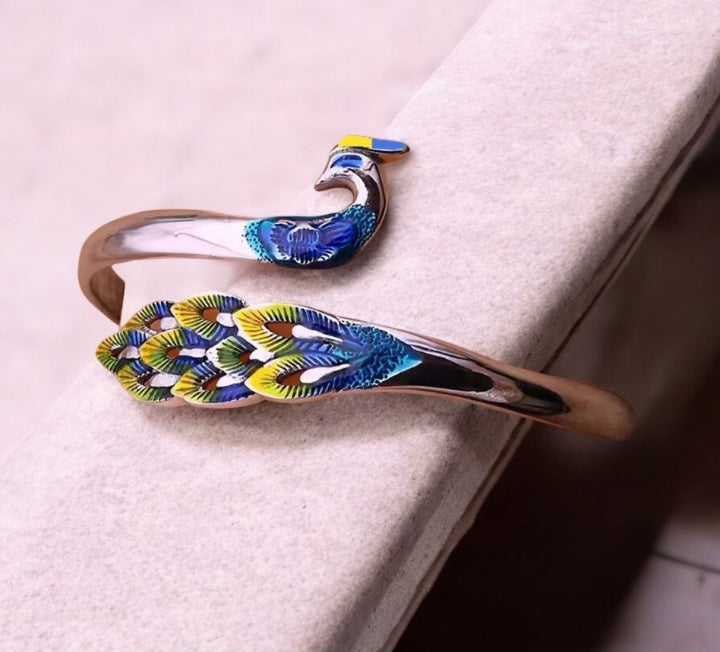 Peacock Bracelet | Colorful Enamel Peacock Bangle | Adjustable Statement Cuff Jewelry Gift
