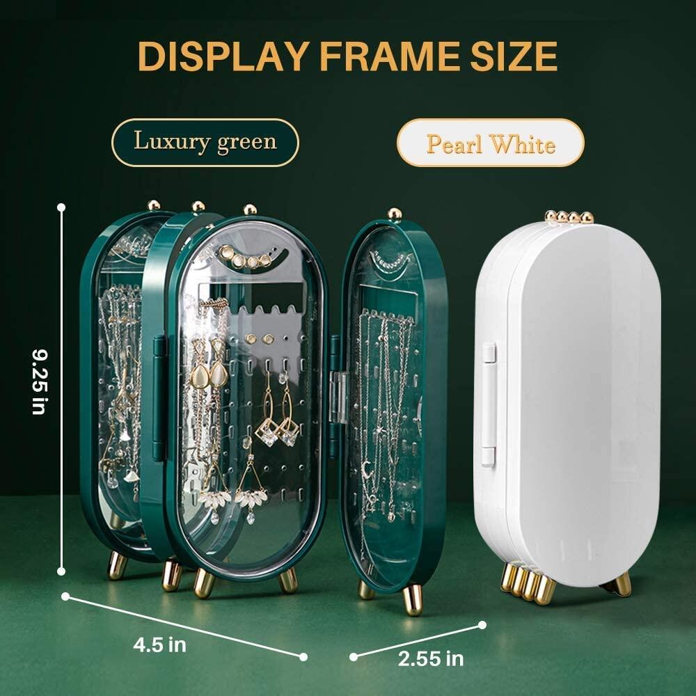 Foldable Jewelry Organizer With Mirror Ear Rings & Necklace_ Hanging Holder Jewelry Box Vanity Hanger Stand