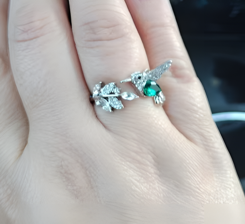 Hummingbird Ring | Silver Adjustable Bird Ring with Green Crystal | Nature Inspired Statement Jewelry for Women