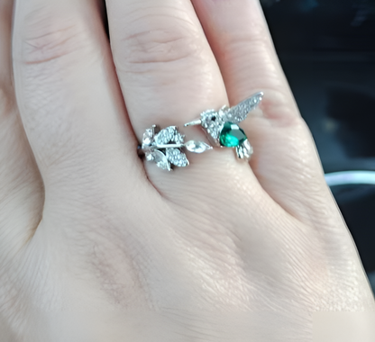 Hummingbird Ring | Silver Adjustable Bird Ring with Green Crystal | Nature Inspired Statement Jewelry for Women
